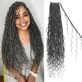 24 Inch Goddess Locs Crochet Hair Grey Ombre Pre Looped Braiding Hair 84 Strands Bohemian Faux Locs Boho Braids River Locs Dreadlocs Hair for Black Women