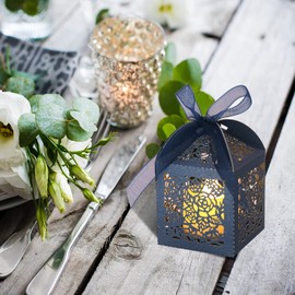 DOYIDE 100pcs Laser Cut Favor boxes, Wedding Favors Candy Boxes with Ribbons and Tags, Small Gift Boxes for Wedding,Party,Baby Shower,Bridal Shower (100-2x2x2.76", Deep Blue)