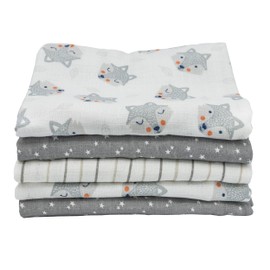 Clevere Kids Muslin Cloths, Pack of 5, Small Fox Light Grey and Stars, Oeko-Tex, Double Weaved, 70 x 80 cm, Burp Cloths (Fox & Stars & Stripes)