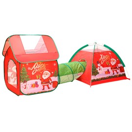 Kids Play Tent, Pop Up Play Tents Toy with Crawl Tunnel for Children, Indoor Outdoor Playhouse, Dollhouse Passage Beach Tent 3 PCS (Red Merry Christmas)