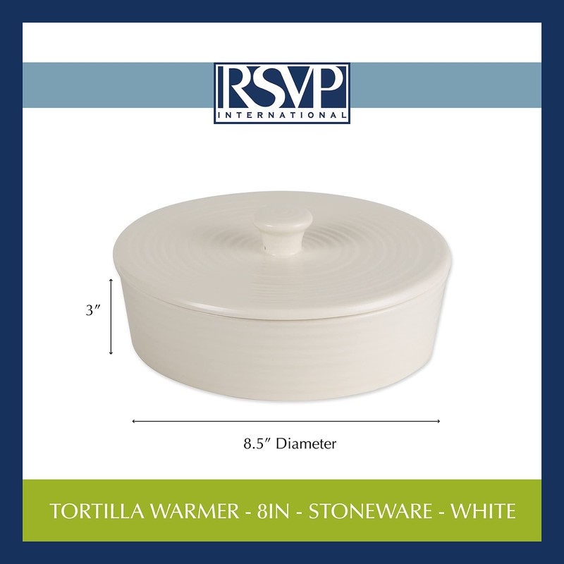 RSVP International Stoneware Tortilla Warmer & Server with Lid, Dishwasher,