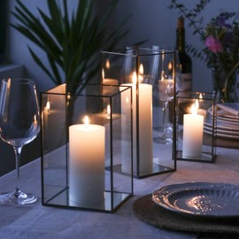 Set of 3 Square Glass Hurricane Candle Holders, Clear Glass Framed in Vintage Brass, Pefect for Spa, Hotel, Festival, Home Decoration,(Bronze Fram Finsh)