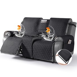 TAOCOCO 100% Waterproof Recliner Cover -Loveseat Recliner Cover with Center Console,Non-Slip Reclining Couch Covers for 2 Seat,with Elastic Straps Pocket for Kids, Dogs, Pets (Black, 2 Seater XL)