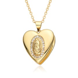LittleFathand Our Lady of Guadalupe Pendant Necklace CZ Virgin Mary Necklace Gold Plated Heart Shaped Locket Necklace for Women Men Christmas Jewelry Gift