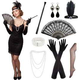 Diadema Gatsby de los Años 20 para Mujer, Retro Pluma Hairband Collar de Perlas Guantes Pendientes Malla Calcetines Set, disfraz De Halloween,cosplay,articulos Para Fiestas,vintage