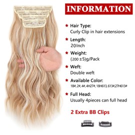 Xtrend 20Inch Bleach Blonde Curly Hair Extensions Clip in Hair Extensions Synthetic Hair pieces for Women Girls 4PCS Full Head Set Thick Curly Wavy Synthetic Hair Extensions(Brown Mix white Blonde)