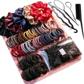 1209PCS Ligas para Cabello,Ligas Elásticas para Niñas y Mujeres, Set con 600 Gomas Negras, 5 Scrunchies, 150 Ligas de Tela Suave, 4 Herramientas de Peinado,Regalos para Cumpleaños(Morandi)
