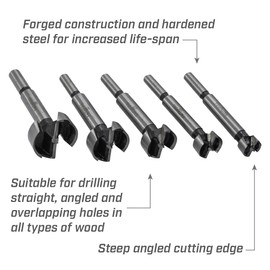 Faithfull FAIFORSET5W Forstner Bit Set with Wooden Storage Case for Hardwood, Softwood, Drilling, Boring, Straight, Angled, Overlapping & Pocket holes - 5 Pack - 15mm, 20mm, 25mm, 30mm & 35mm
