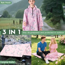 Bruvoalon Multi-functional Waterproof Rain Poncho with 1/4 Zip & Chest Pocket, 3-in-1 Outdoor Rain Poncho, Sunshade, & Ground Mat for Adults Emergency Outdoor, Unicorn