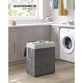 SONGMICS SONGMICS Laundry Hamper with Lid, 23.8 Gallon (90 L) Synthetic Rattan Clothes Laundry Basket with Lid and Handles, Foldable, Removable Liner, Dove Gray ULCB51WG