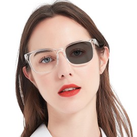 MARE AZZURO Photochromic Reading Glasses Women Blue Light Blocking Square Readers 100 150 200 250 300 350 400 (Transparent, 2.0)