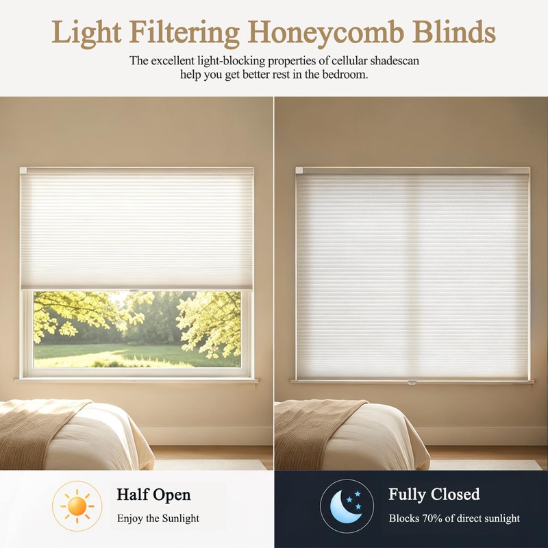 No Drill Cellular Shades Light Filtering Honeycomb Blinds 35Wx48H White