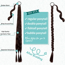 Cephermer Braided Ponytail Extension 26'' 30'' DIY Long Braid Hair Extensions Ponytail with Elastic Tie Straight Wrap Around Natural Soft Synthetic Hairpiece for Women Medium Brown