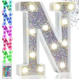 Pooqla Colorful Light Up Letters, Silver LED Marquee Letter Lights Battery Operated,16 Colors Glitter Alphabet Letter Sign Night Lights for Girls Birthday Party Wedding Bedroom Decoration, Letter N