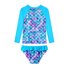 WhizBuzz Girls Swimsuit Long Sleeve Bathing Suits Size 7-8 Years Old Rash Guard Tankini Sets Blue Purple Fish Scales Swimwear