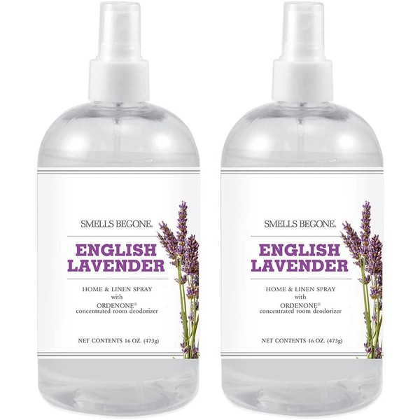 SMELLS BEGONE Air Freshener Home and Linen Spray - Odor Eliminator Concentrated Deodorizer - Neutralizes Odors at The Source - Made with Natural Essential Oils - 16 Ounce (2 Pack, English Lavender)