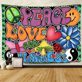 F-FUN SOUL Peace Love and Happiness Tapestry, 100x90inches Soft Flannel, Mushroom Psychedelic Tapestries 70s Theme Tapestry Wall Hanging for Bedroom Living Room Decor GTZYFS1339