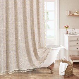 MitoVilla Grey Boho Extra Long Shower Curtain 72 x 84, Modern Farmhouse 84 inch XL Rustic Polyester Linen Tassel Heavy Duty Shower Curtain Set with Hooks for Cottagecore Country Bathroom Decor