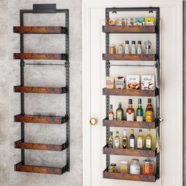 bukfen Over the Door Pantry Organizer, 6-Tier Adjustable Wooden Basket Kitchen Pantry Door Organization and Storage, Heavy-Duty Metal Hanging Kitchen Spice Rack,D6.3 x W17.71 x H50.60 inch,1 Pack