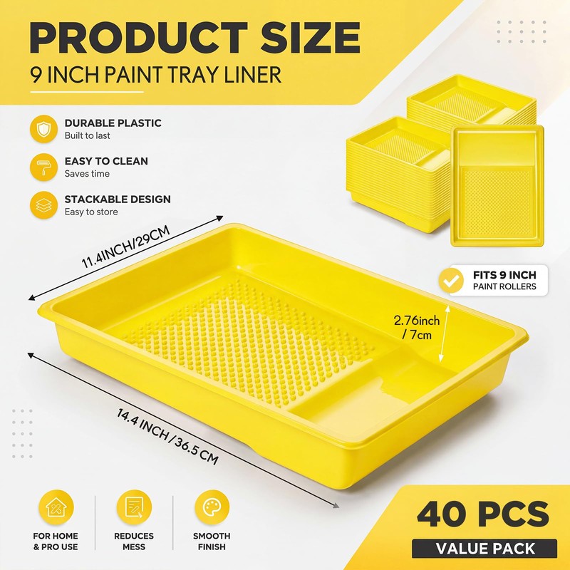 40 Pcs 9 Inch Disposable Paint Tray Liner, Yellow