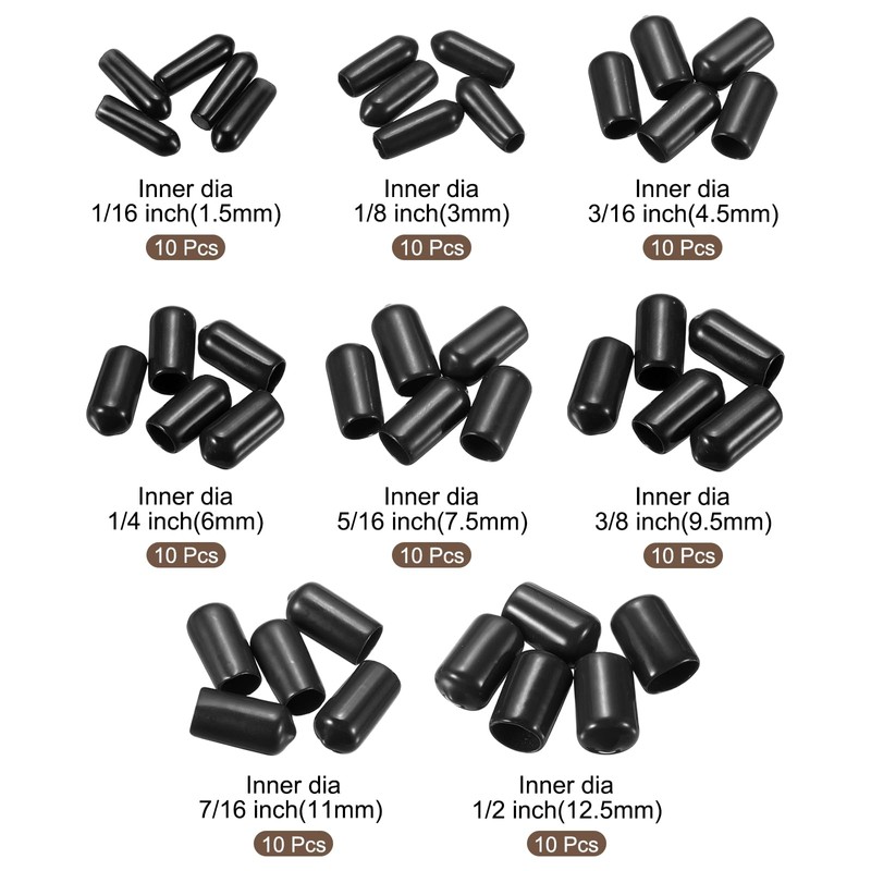 sourcing map 80pcs Round End Protective 1.5/3/4.5/6/7.5/9.5/11/12.5mm Black