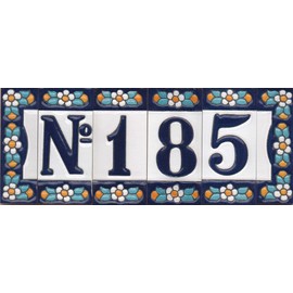 Ceramic House Tile Numbers & Letters, Blue Floral Design, Tile Size: 7.5cm x 3.5cm (Number 5)