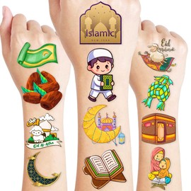 100 PCS Islamic Birthday Party Decorations Favors Supplies Islamic New Year Ramadan Eid Ameen Mubarak Temporary Tattoos Stickers Girls Boys Classroom School Prizes Reward