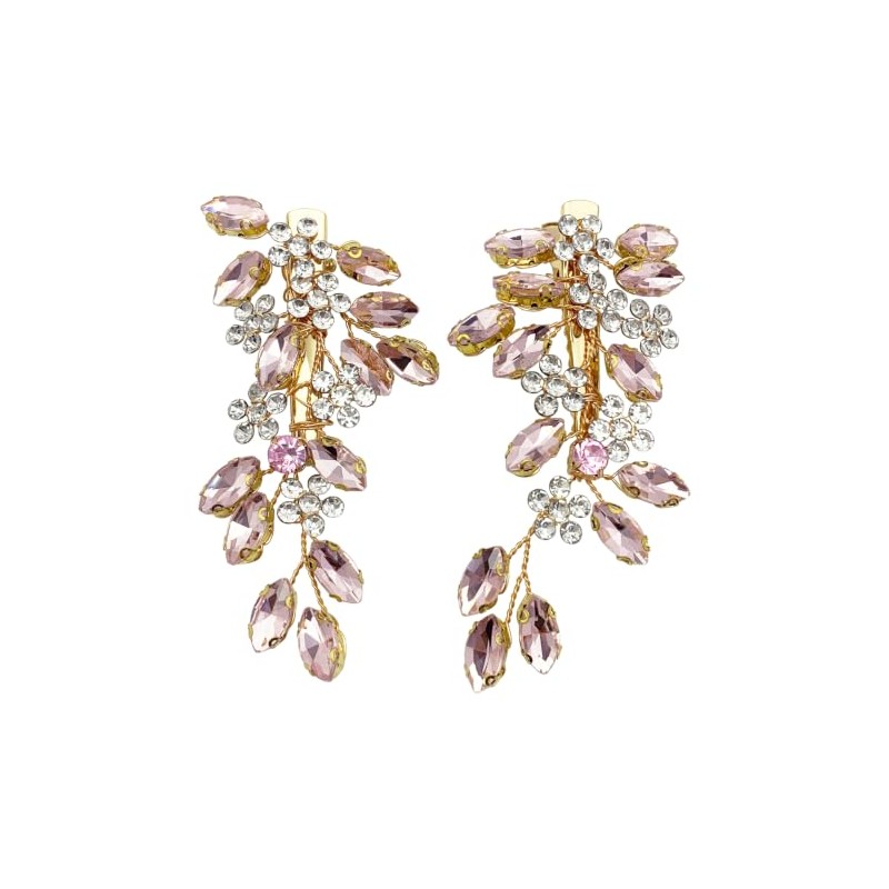 Bridal Side Hair Clips 2pcs Pink Rhinestone Gold Vine Hair