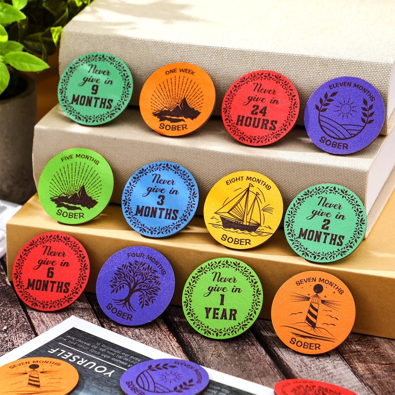 28 Pcs Wooden Sobriety Coin Gift Set, Recovery Sobriety Chip