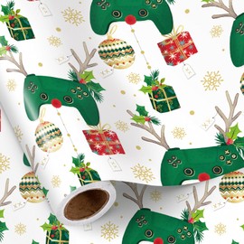 RUSPEPA Gamer Christmas Wrapping Paper Roll, Mini Roll, Game Controller Deer, Holly and Ornament Design, White Green Gift Wrap for Kids, Boys, Teens, Holiday Gifts, 17 Inches x 16.4 Feet
