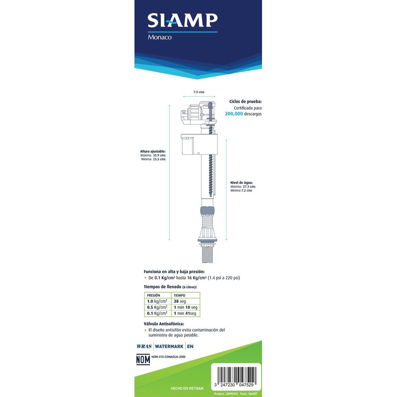 SIAMP Válvula de llenado para Tanque de Inodoro/Sanitario 99T
