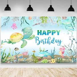 AIBIIN Under The Sea Birthday Backdrop Ocean Animal Photography Background Turtle Seahorse Corals Underwater Blue Birthday Party Decorations Banner Photo Props 70.8 x 43.3 inch