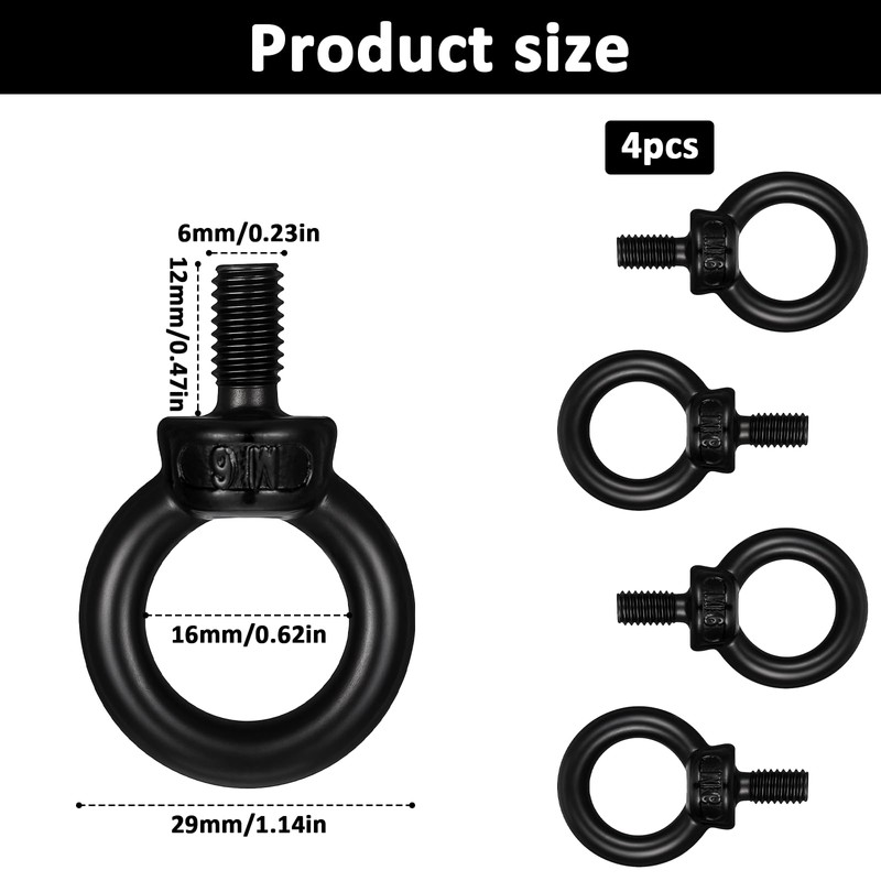 4PCS M6 Eye Bolts, Stainless Steel Male Thread Lifting Ring