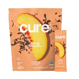 Cure Hydration Performance | Plant-Based Electrolyte Energy Drink Mix | No Added Sugar | Dehydration Relief Powder | 100mg of Caffeine | Non-GMO | Vegan | Pouch of 14 Packets - Peach Tea