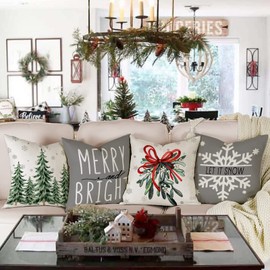 Christmas Pillow Covers 20x20 Set of 4 Buffalo Plaid Farmhouse Christmas Decorations Christmas Pillows Linen Decorative Pillows for Christmas Decor Indoor Home Decorr