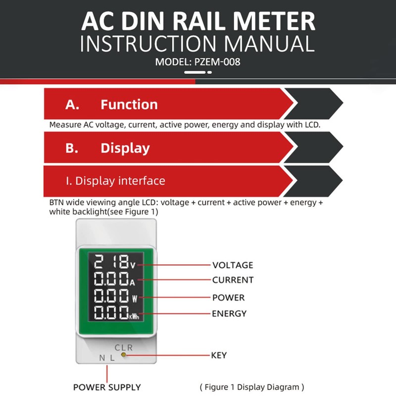 SiRyder Digital Ammeter AC50-300V Railway Watts Meter with LCD Display
