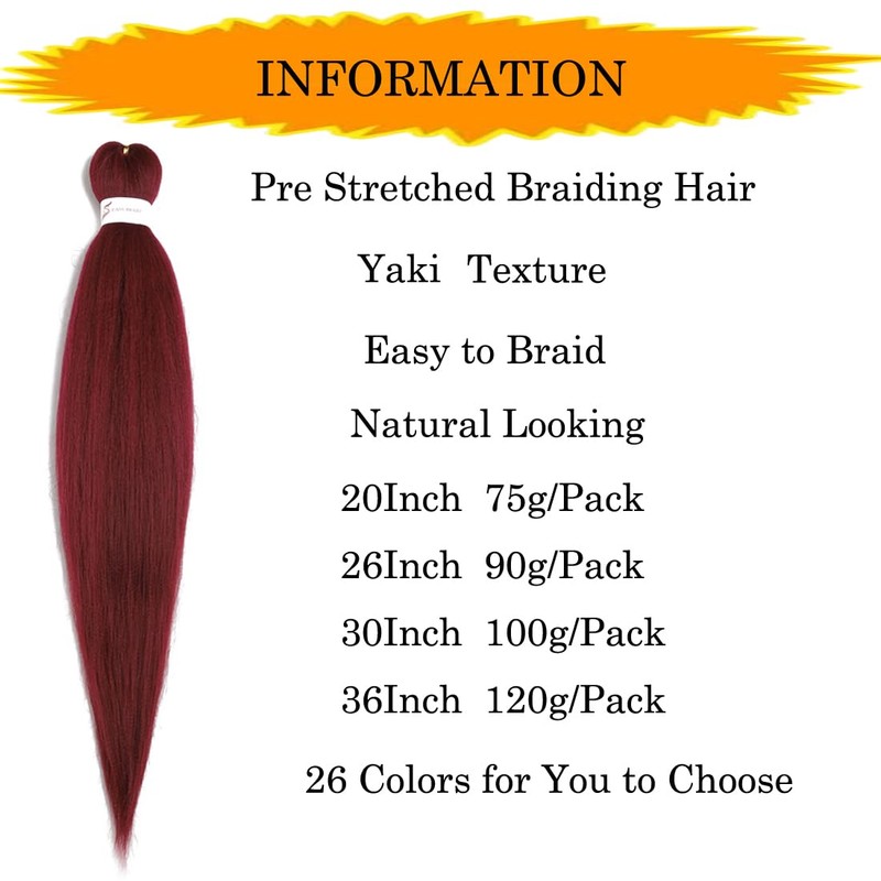 Pre Stretched Braiding Hair Extensions 3 Packs 26 Inch Burgundy