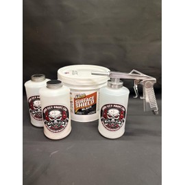 Gallon Black PB Blaster Surface Shield, Standard Undercoating Spray Gun, and 3 White Quart Bottles