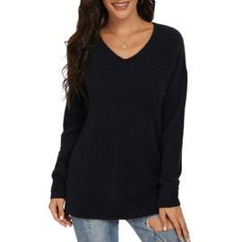 QIXING Women's Casual V-Neck Long Sleeves Side Split Loose Fit Fuzzy Knit Pullover Sweater Tops Black-Medium