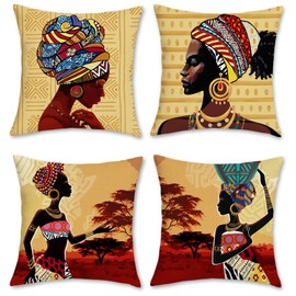 Bonhause African Women Cushion Covers 45 x 45 cm Double Sided Tribal Ethnic Black Girls Decorative Accent Throw Pillow Covers Polyester Linen Pillowcases for Sofa Bed Home Patio Decor Set of 4