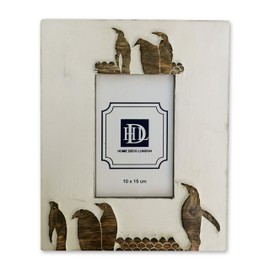 Rustic Wooden Photo Frame Holds 10x15cm/6 x 4inch Picture in Natural Mango Wood Ideal for Weddings Birthday Anniversaries (Carved Penguins)