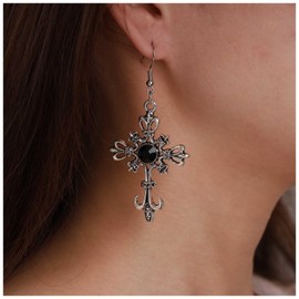 Aneneiceera Punk Ruby Cross Dangle Earrings Silver CZ Cross Earrings Long Cross Crystal Earrings Religious Cross Earrings Jewellery for Women and Girls (Silver), Metal
