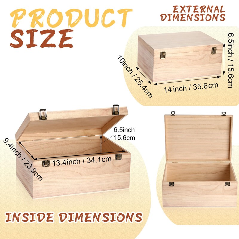 Wesiti 2 Pcs Unfinished Wooden Box 14 x 10 x