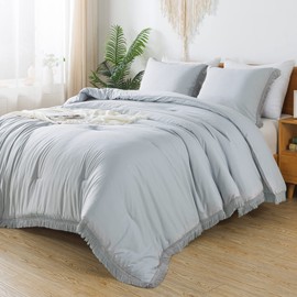 Andency Light Grey Comforter Set King, 3 Pieces Boho Tassel Lightweight Bedding Comforter Sets for King Bed, All Season Soft Fluffy Fringe Bed Set (104x90In Comforter & 2 Pillowcases)