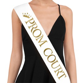 "Prom Court" Sash - Set of 2 - School Dance Graduation Party School Party Accessories, White with Gold Print …