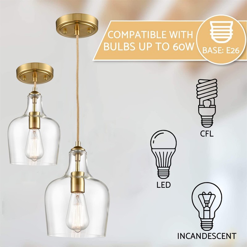 HYDELITE Modern Brushed Gold Pendant Light Fixtures Clear Glass Adjustable