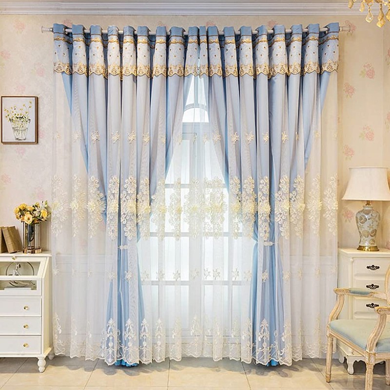 Amidoudou 1 Pair European Double Layer Curtains Luxury Embroidered Curtains