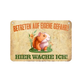 Hier wache ich Meerschweinchen Tin Sign - Decorative Metal Sign with Cord and Suction Cup - Hanging Sign for Stable Cage House - Decoration Accessories - Funny Sign Warning Sign - 18 x 12 cm