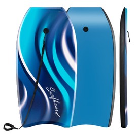 GYMAX Boogie Boards for Beach, 33"/37"/41" Body Board with EPS Foam Core, Crescent Tail, Dual Channel & Wrist Leash, Lightweight Bodyboard for Kids, Youth, Adults (Blue Wave, 37)
