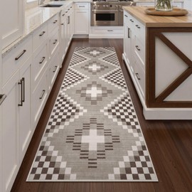 Beeiva Checkered Boho Carpet Runners for Hallway 10 ft, Non Slip Washable Rug Runner for Kitchen 2.5x10, Farmhouse Ultra Thin Checkerboard Extra Long Rugs for Hallway Entryway Bathroom, Khaki
